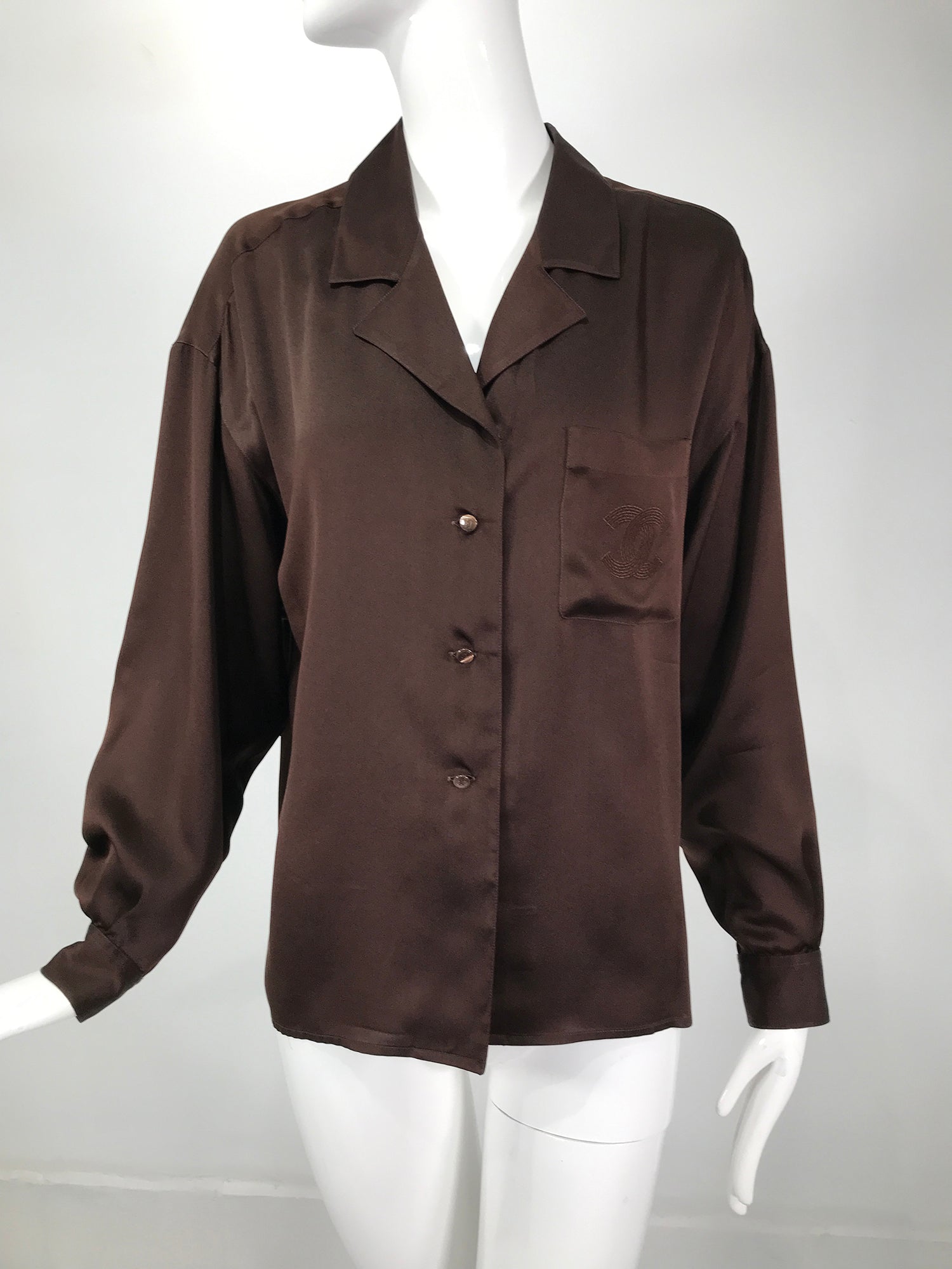 SOLD Chanel Chocolate Brown Silk Satin Logo Pocket Blouse – Palm Beach  Vintage