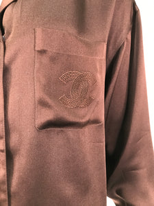 Chanel Chocolate Brown Silk Satin Logo Pocket Blouse