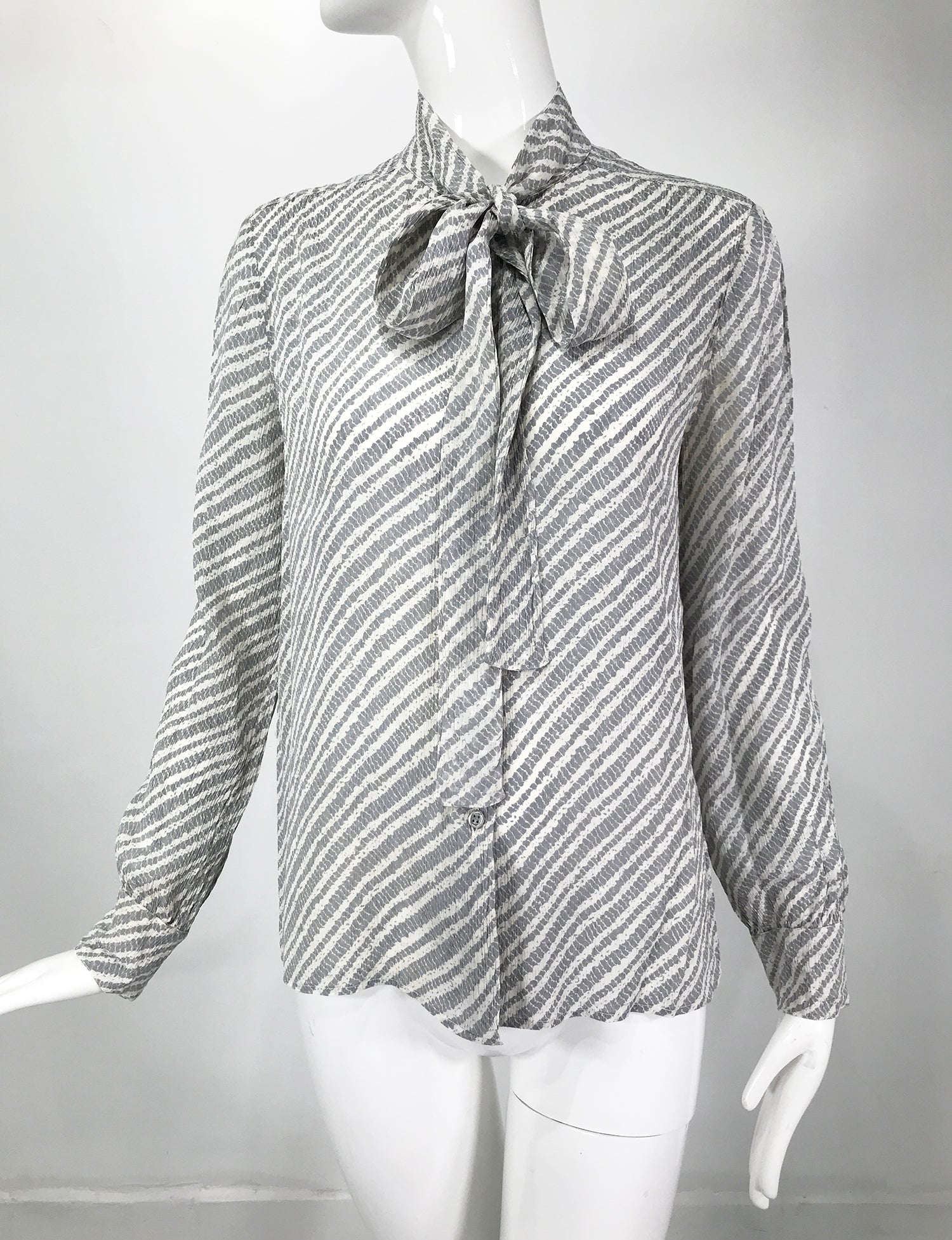 SOLD Chanel Creations Pale Grey & Off White Silk Print Bow Tie Blouse –  Palm Beach Vintage