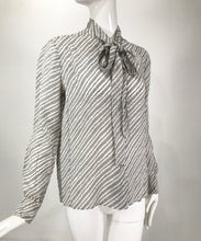 Chanel Creations Pale Grey & Off White Silk Print Bow Tie Blouse 1970s