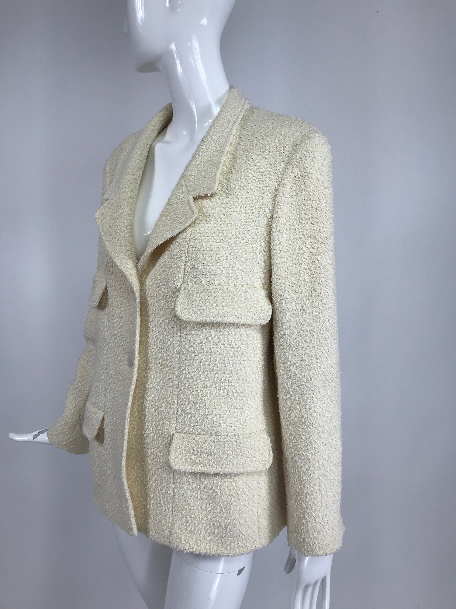 SOLD Chanel Cream Boucle 4 Pocket Jacket 1998C Mother of Pearl Buttons –  Palm Beach Vintage