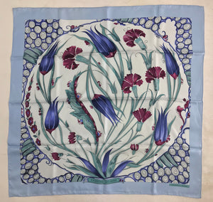 Hermes Ceramique Ottomane Laurence Bourthoumieux Blue Silk Scarf 