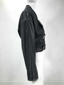 Genny Black Leather Bomber Jacket With Rhinestone Buttons & Gold Stitching 1980s