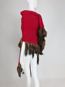SOLD Adrienne Landau Red Wool Knit shawl with mink tail trim 1980s