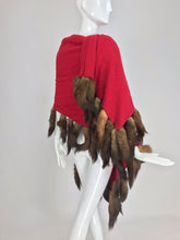 SOLD Adrienne Landau Red Wool Knit shawl with mink tail trim 1980s