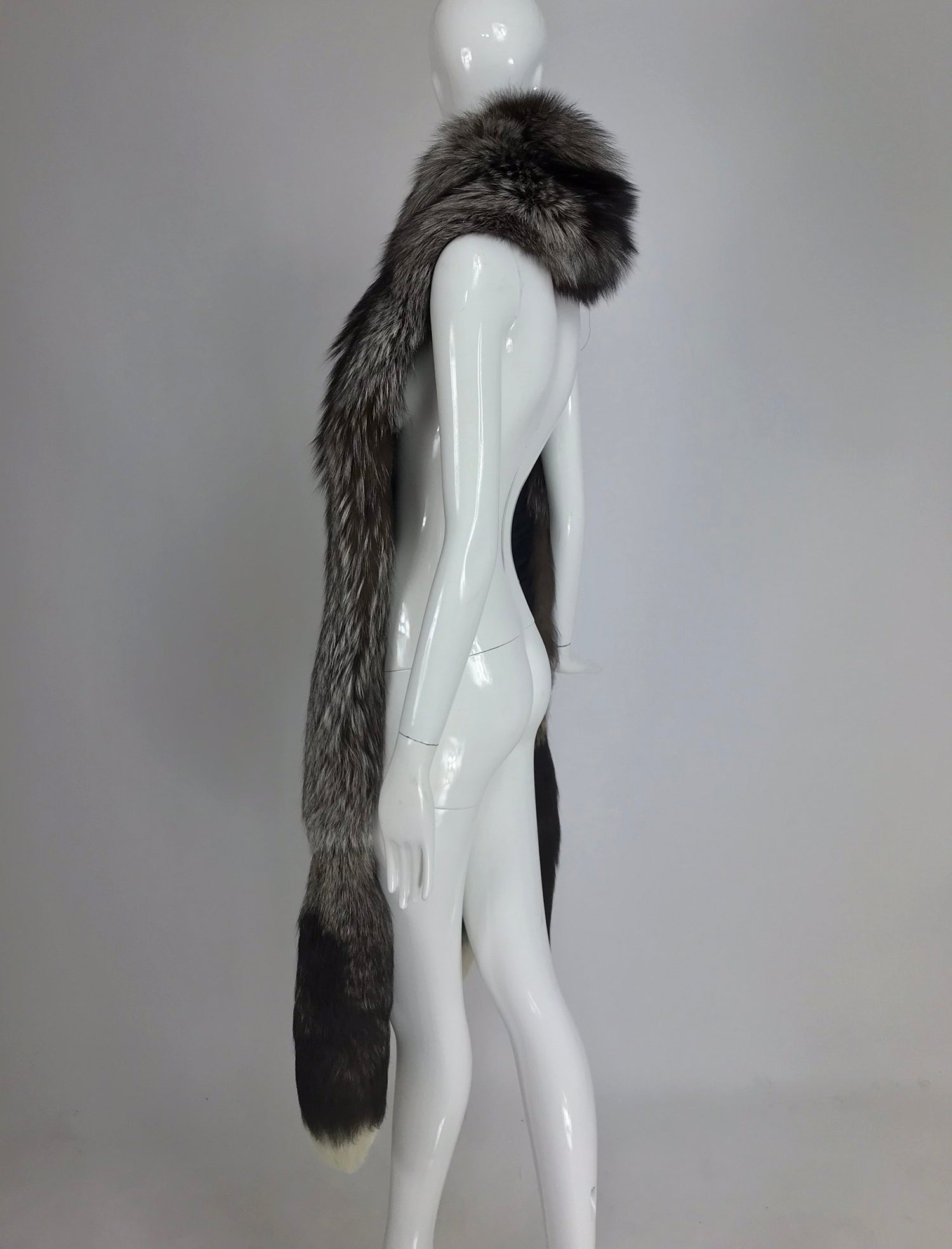 SOLD Silver Fox wide fur stole with double tails at each end