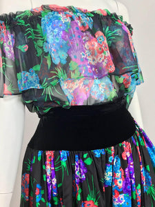 Vintage Yves Saint Laurent Russian collection silk floral top and skirt belt 1974