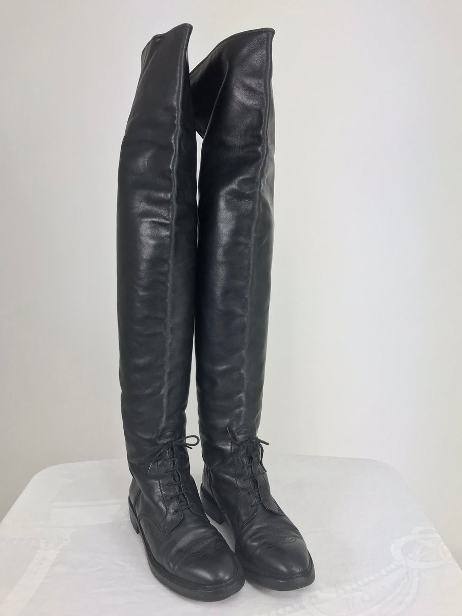 SOLD Chanel Over the knee black leather riding boots Claudia Schiffer ...