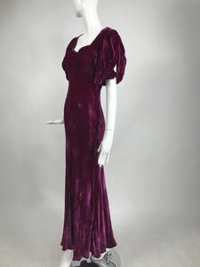 1930s Burgundy Velvet Bias Cut Open Puff Sleeve Maxi Dress