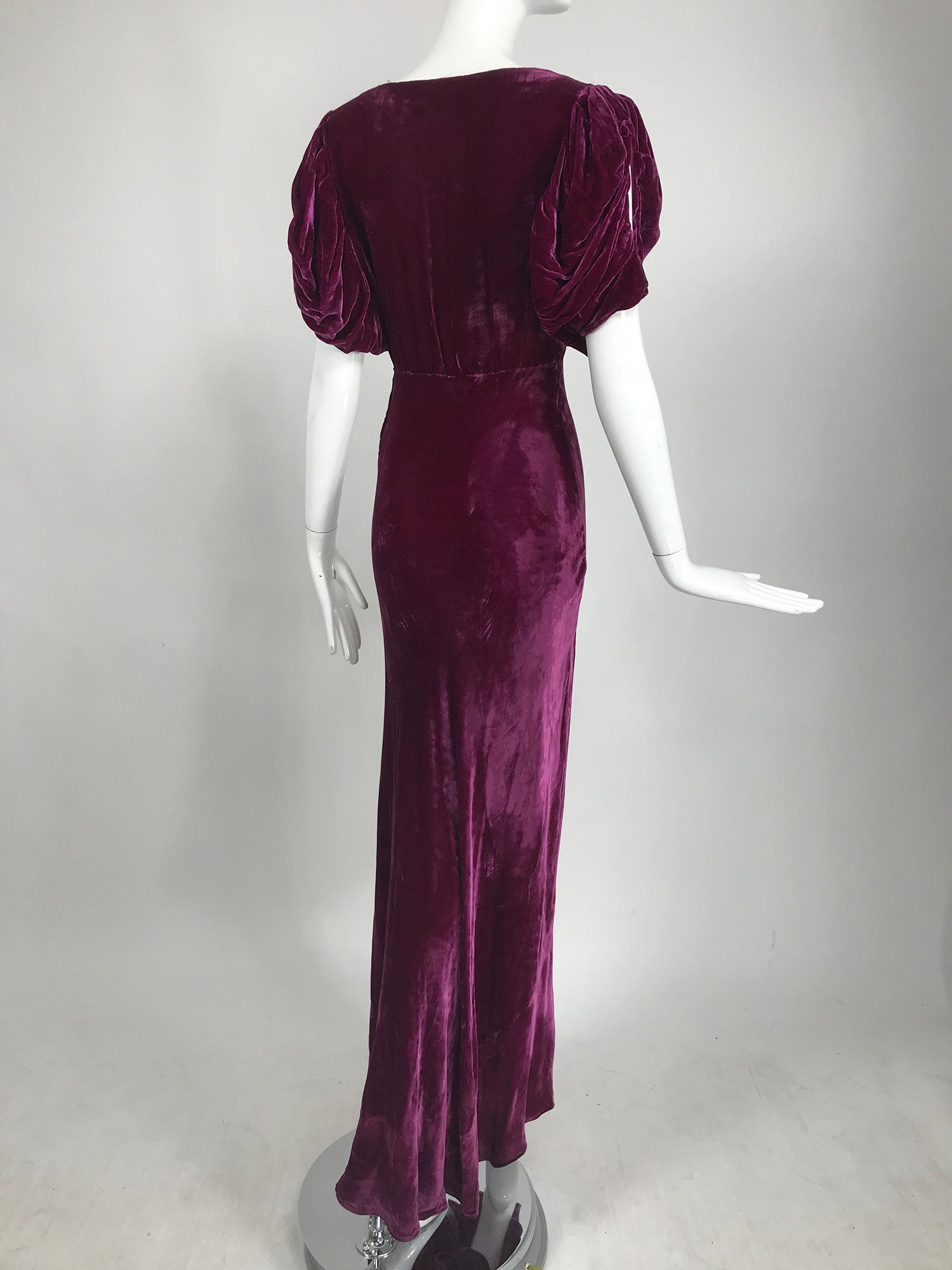 1930s Burgundy Velvet Bias Cut Open Puff Sleeve Maxi Dress Palm Beach Vintage 1930s Burgundy Velvet Bias Cut Open Puff Sleeve Maxi Dress Palm Beach Vintage