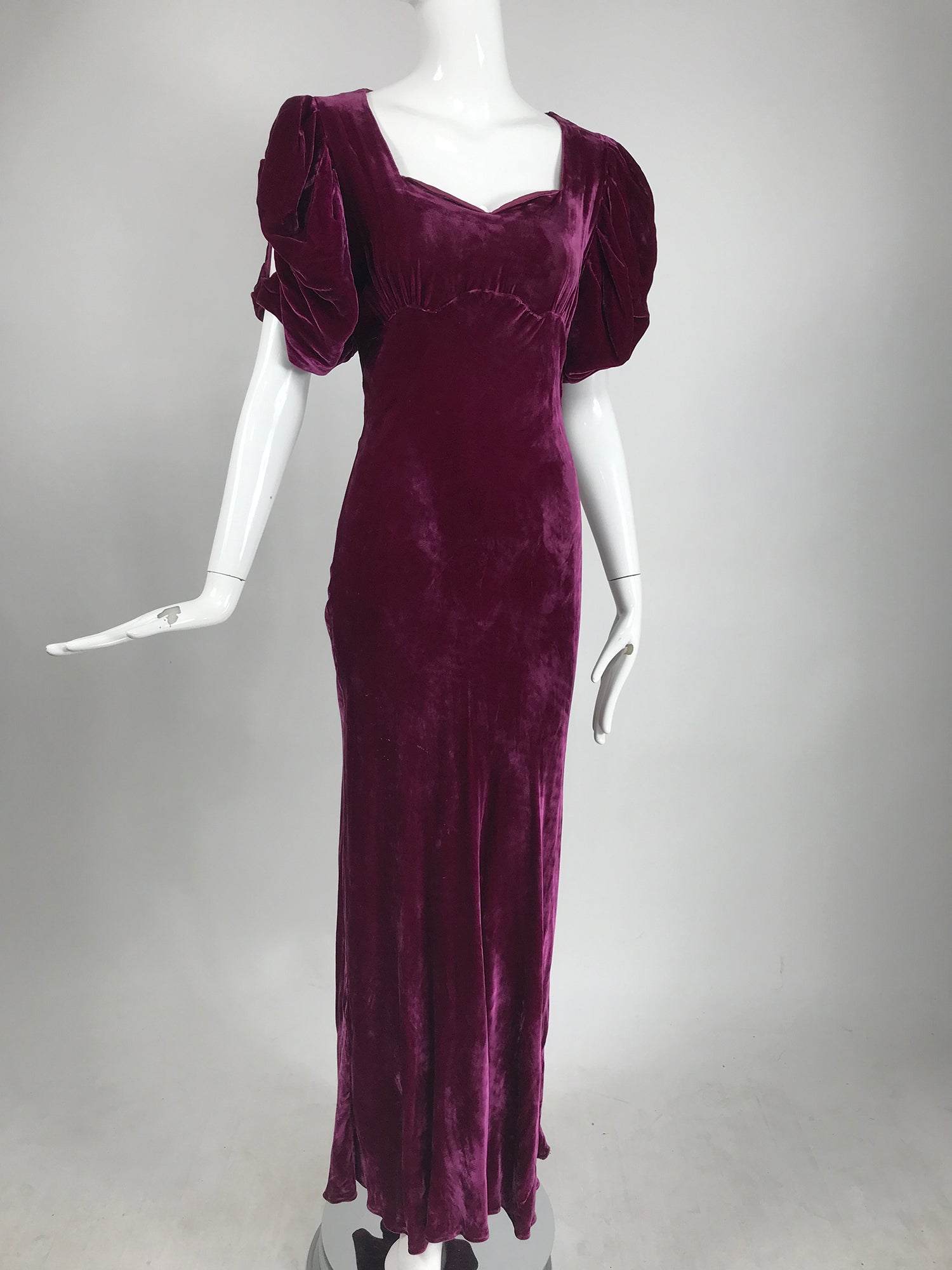 1930s Burgundy Velvet Bias Cut Open Puff Sleeve Maxi Dress – Palm Beach  Vintage