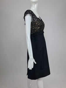 SOLD Black Silk and Guipure Lace Cocktail Dress 1950s