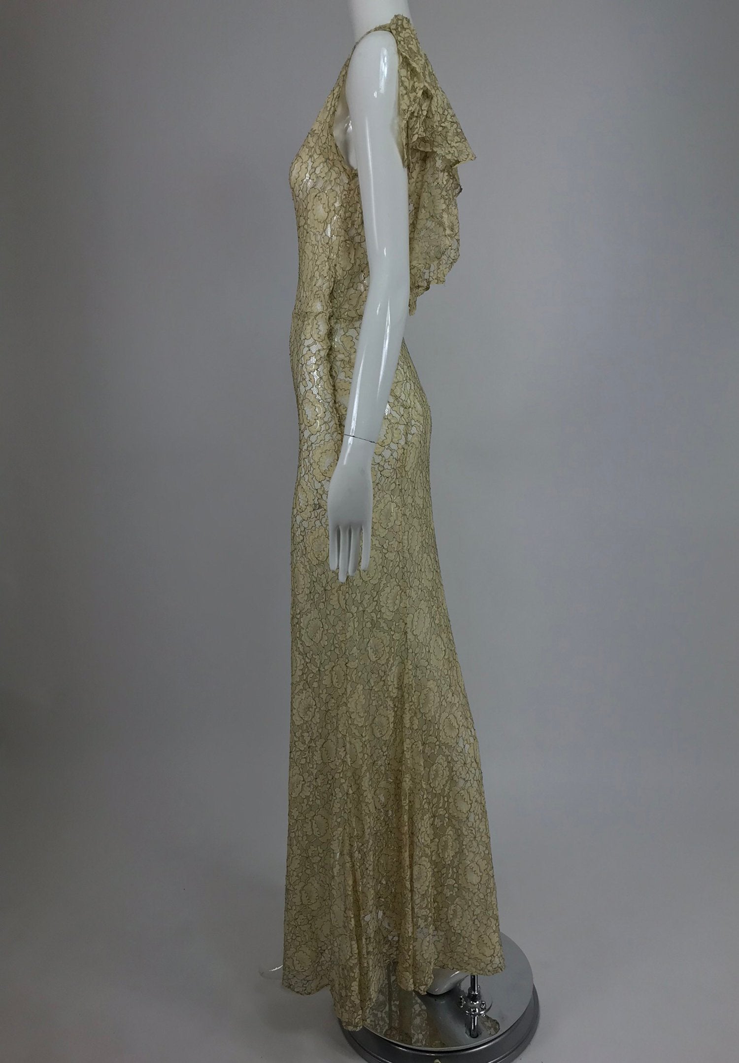 SOLD 1930s Gold Metallic Thread and Cream Lace Evening Dress Vintage Palm Beach Vintage SOLD 1930s Gold Metallic Thread and Cream Lace Evening Dress Vintage Palm Beach Vintage