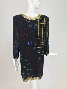 SOLD Fabrice abstract beaded silk chiffon cocktail dress 1980s