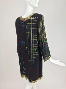SOLD Fabrice abstract beaded silk chiffon cocktail dress 1980s