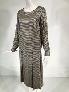 Chanel Natural & Black Check Silk Blouse & Skirt Set 1980s
