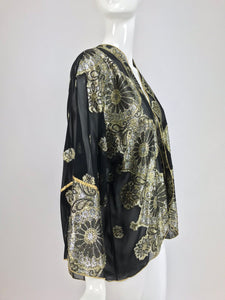 SOLD  Black Chiffon Silver and Gold Metallic Kimono Jacket 1970s