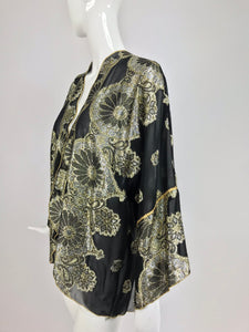 SOLD  Black Chiffon Silver and Gold Metallic Kimono Jacket 1970s