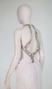 Mary McFadden white halter neck beaded gown 1970s