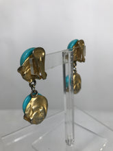 Gold Metal & Turquoise Cabochon Round Glass Stone Clip Dangle Earrings