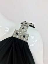 Adele Simpson Black Jersey One Shoulder Gown with Jewel Clasp 1970s
