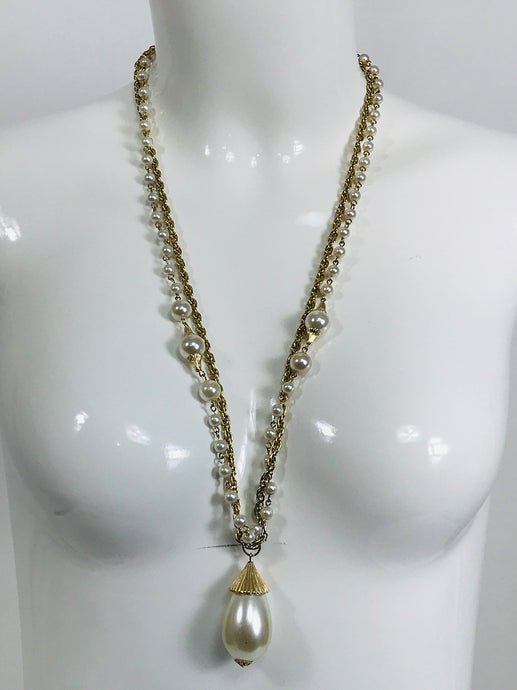 Vintage Faux Pearl Teardrop on Gold and Pearl Chain 1980s