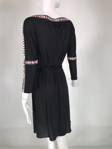 Emilio Pucci Black Silk Jersey Boat Neck Border Print Belted Dress