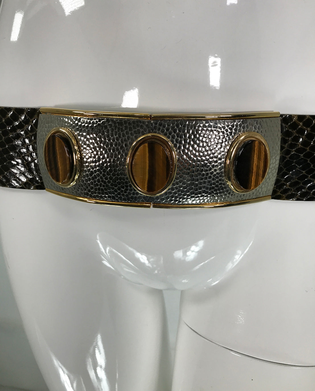SOLD Judith Leiber Tiger Eye & Snakeskin Belt with Silver 