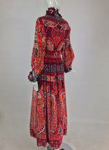 SOLD Ronald Amey Velvet print floral trim maxi dress 1970s