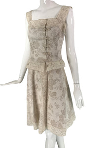 Valentino Boutique Ivory Floral Damask Linen & Lace Camisole Top & Skirt 1980s