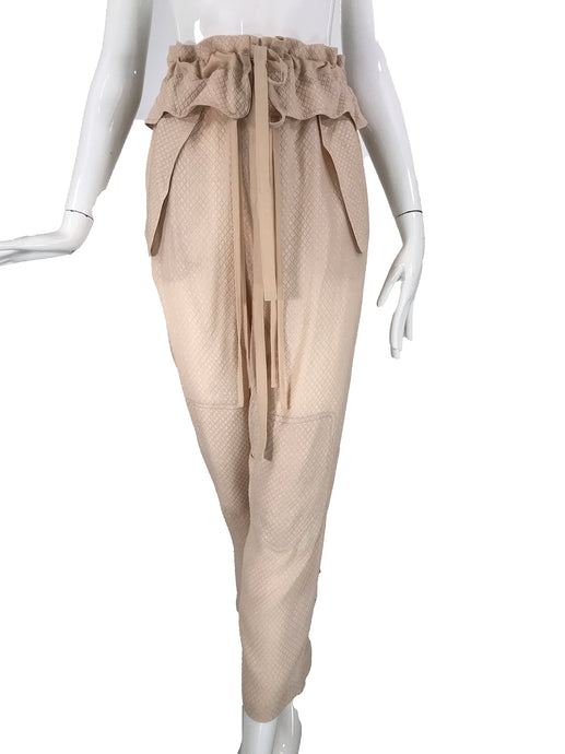 Chloe Taupe Diamond Weave Silk Paper Bag Waist Gathered Tie Leg Trouser