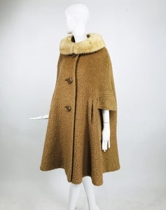 Vintage Camel Tan Mohair Cape Coat with Mink Collar 1960s
