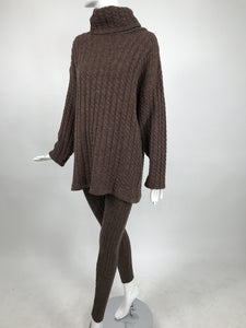 Vintage Cable Knit Wool Tunic Sweater & Leggings in Milk Chocolate Brown 1980s