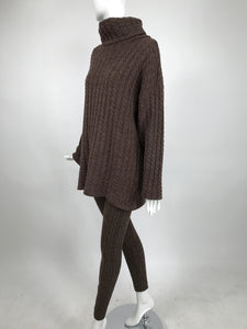 Vintage Cable Knit Wool Tunic Sweater & Leggings in Milk Chocolate Brown 1980s