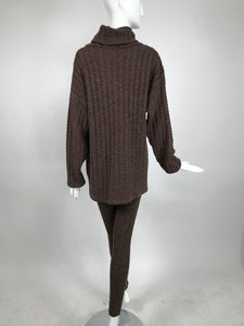 Vintage Cable Knit Wool Tunic Sweater & Leggings in Milk Chocolate Brown 1980s