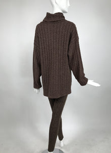Vintage Cable Knit Wool Tunic Sweater & Leggings in Milk Chocolate Brown 1980s