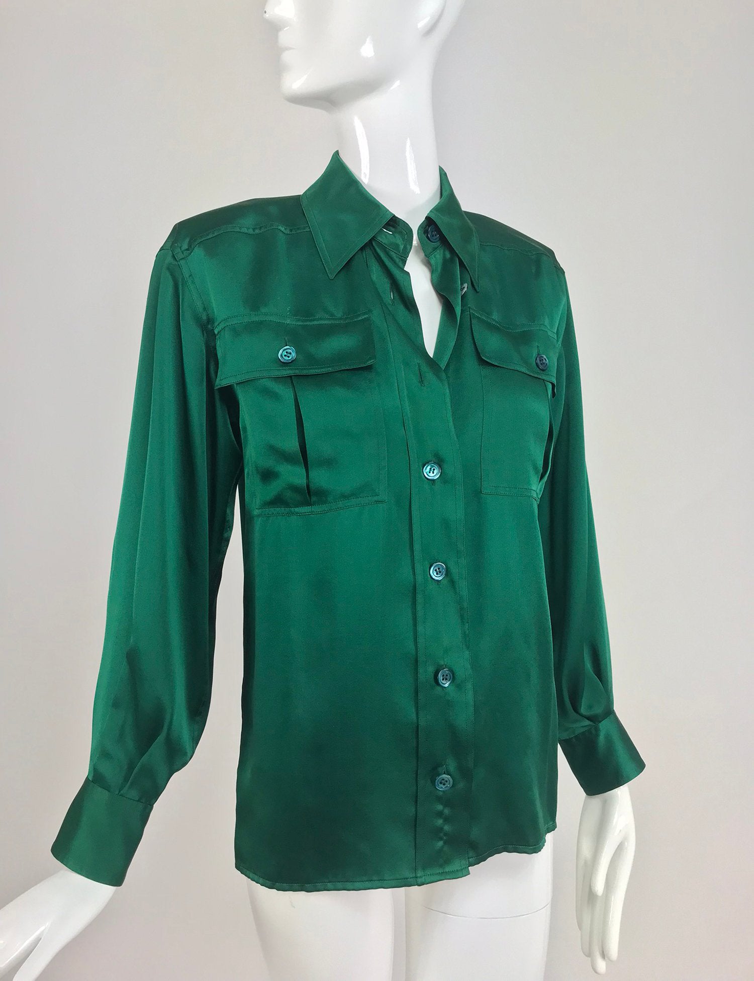 SOLD Yves Saint Laurent Emerald Green silk satin blouse 1970s Palm Beach Vintage SOLD Yves Saint Laurent Emerald Green silk satin blouse 1970s Palm Beach Vintage