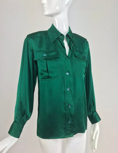 SOLD Yves Saint Laurent Emerald Green silk satin blouse 1970s
