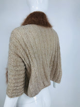 1950s Hand Knit Shrug of Gold Metallic Cream Mohair and Brown Angora Vintage
