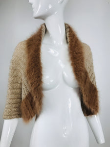 1950s Hand Knit Shrug of Gold Metallic Cream Mohair and Brown Angora Vintage