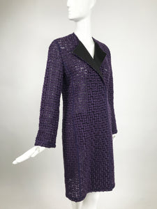 AKRIS Purple Embroidered Black Tulle Coat with Black Silk Collar
