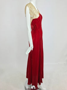 SOLD 1930s Tape Lace and Red Velvet Bias Cut Evening Dress