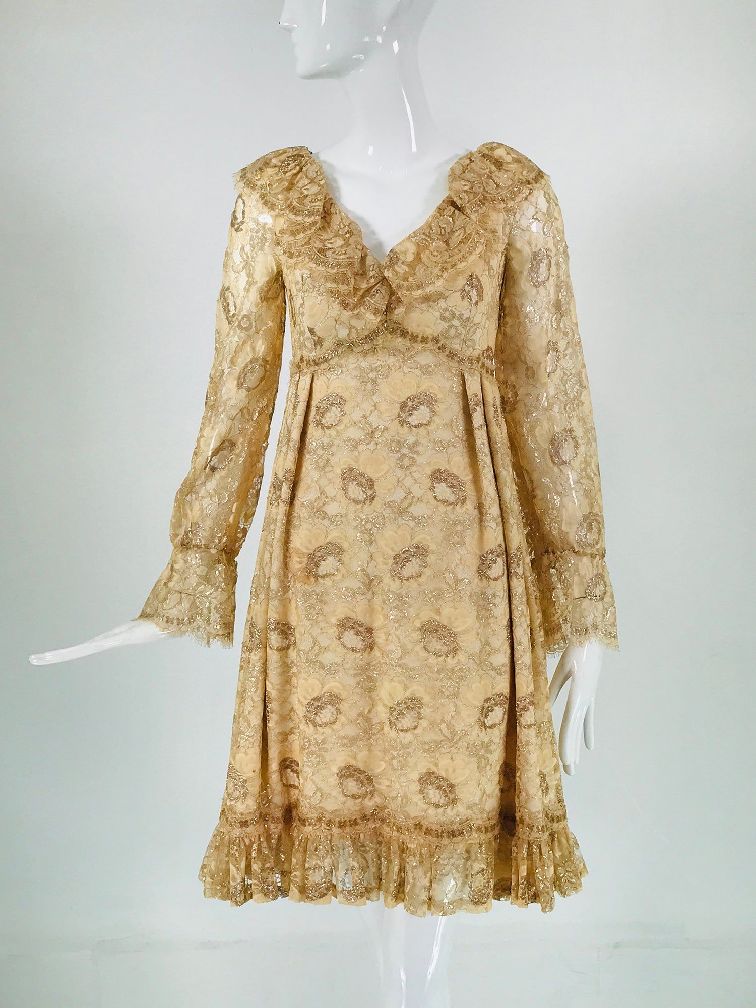 Gold Metallic Lace V Neck Empire Waist Cocktail dress 1970s Palm Beach Vintage Gold Metallic Lace V Neck Empire Waist Cocktail dress 1970s Palm Beach Vintage