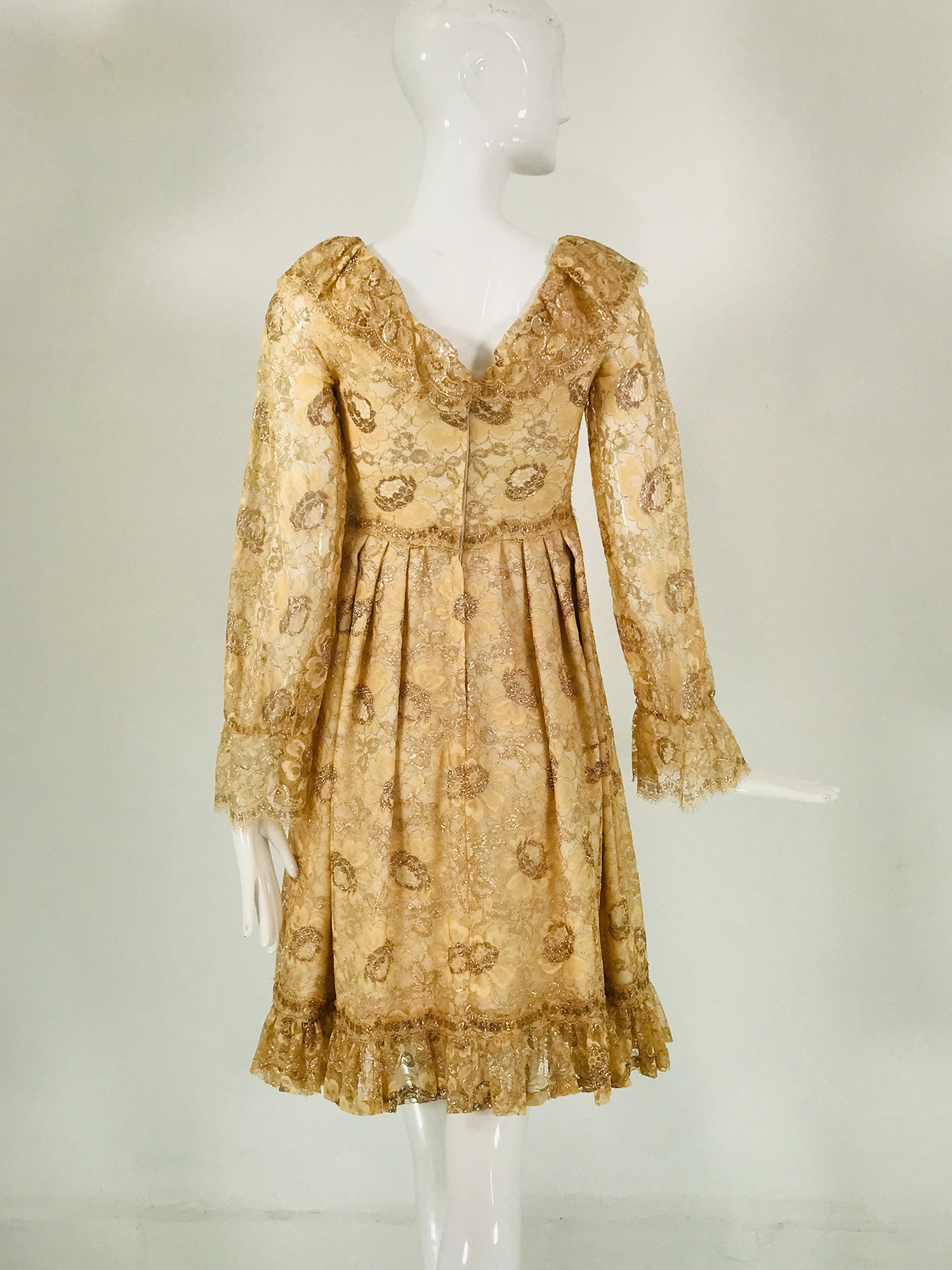 Gold Metallic Lace V Neck Empire Waist Cocktail dress 1970s – Palm Beach Vintage