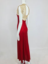 SOLD 1930s Tape Lace and Red Velvet Bias Cut Evening Dress