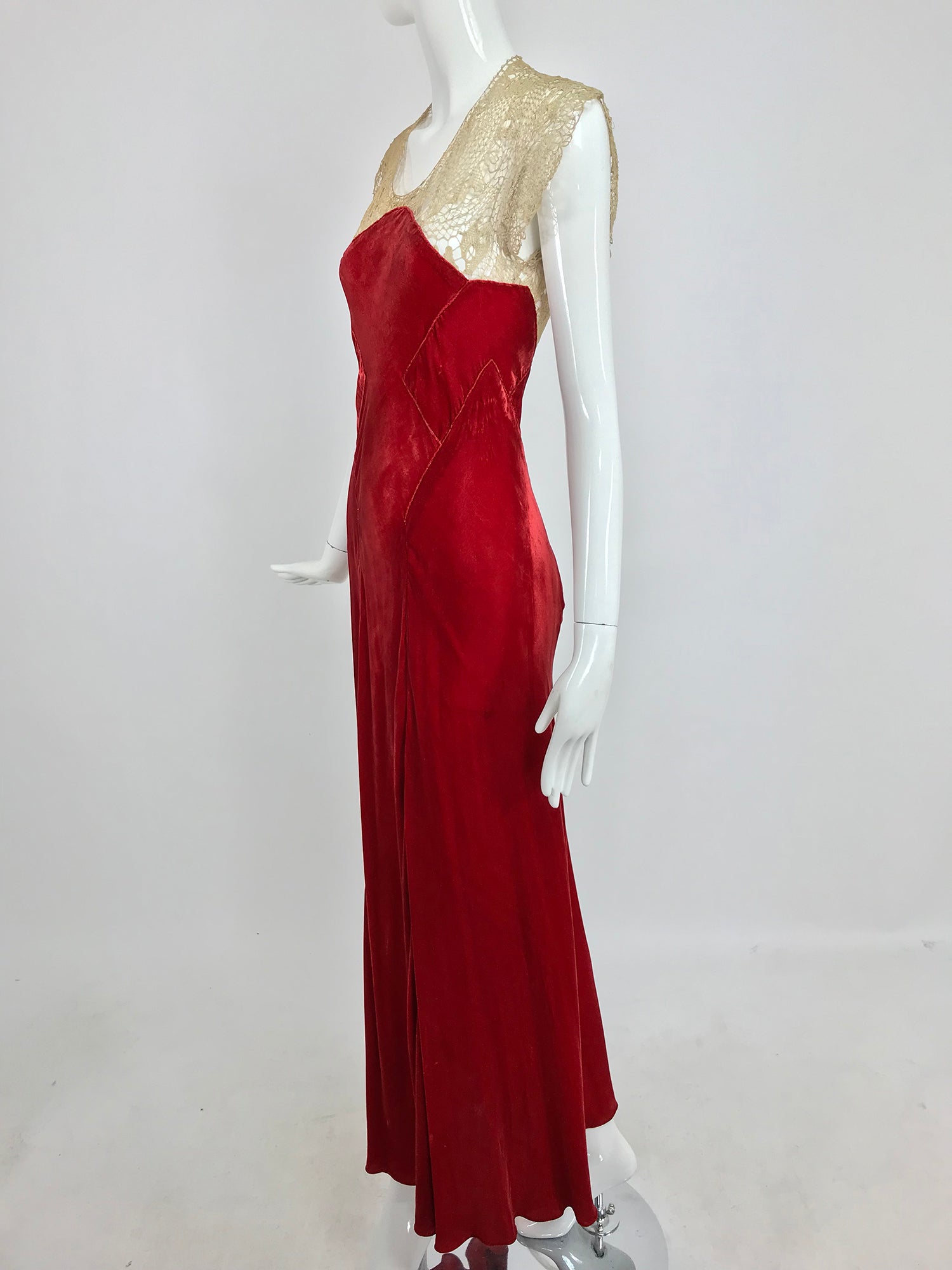 SOLD 1930s Tape Lace and Red Velvet Bias Cut Evening Dress – Palm Beach  Vintage