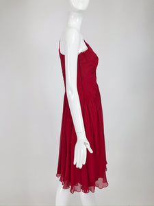 Pamela Roland Fire Engine Red Pleated Bodice Chiffon Cocktail Dress