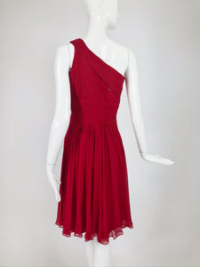 Pamela Roland Fire Engine Red Pleated Bodice Chiffon Cocktail Dress