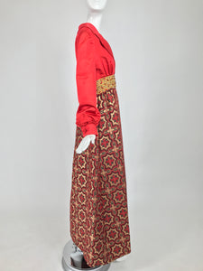 Vintage Ceil Chapman Red Satin and Metallic Brocade Maxi Dress 1960s