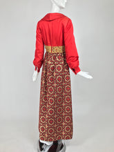 Vintage Ceil Chapman Red Satin and Metallic Brocade Maxi Dress 1960s